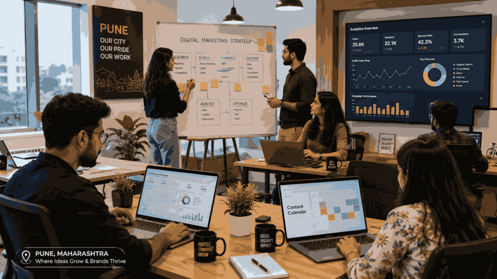 Modern digital marketing agency team in Pune collaborating in a bright office with laptops, strategy boards, and analytics dashboards.