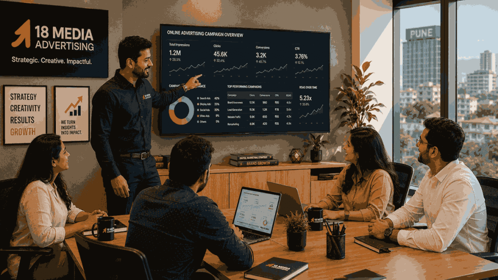 Online advertising agency near me team discussing campaign dashboards and online advertising strategy in a modern Pune office with collaborative digital marketing professionals.