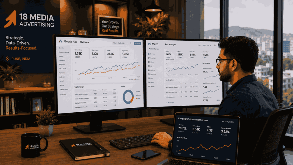 Online advertising specialist reviewing Google Ads, Meta Ads Manager, and campaign analytics dashboards in a modern Pune office.