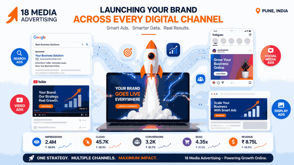 Online advertising illustration showing Google search ads, Instagram ads, YouTube video ads, and display banner campaigns connected through digital data streams.