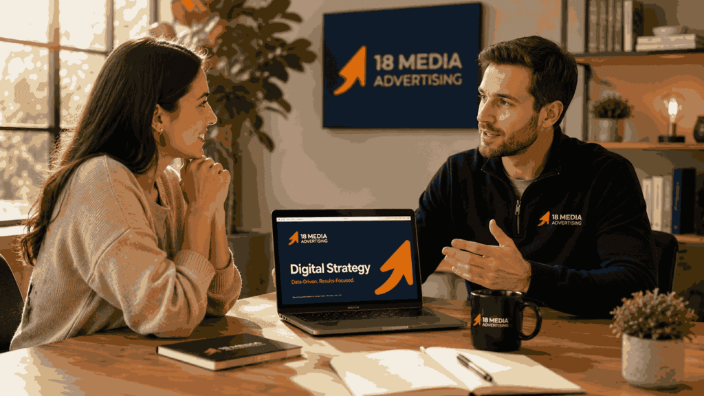Online marketing agency consultant discussing digital strategy with a client in a professional office meeting at 18 Media Advertising.