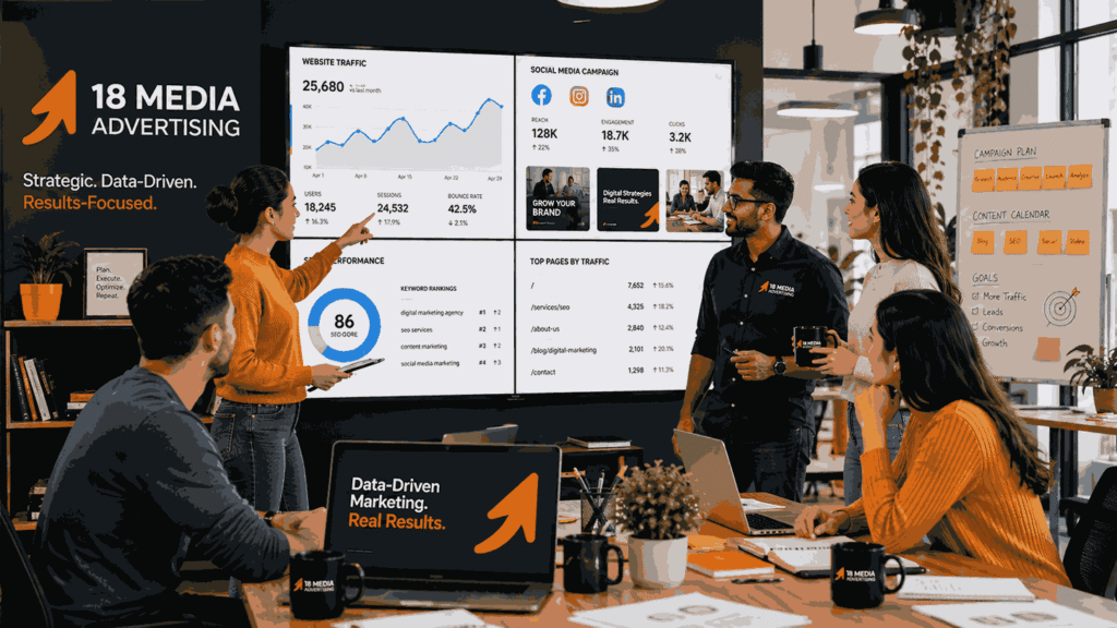 Online marketing agency team collaborating in a modern office with analytics dashboards, SEO reports, and social media campaign screens.