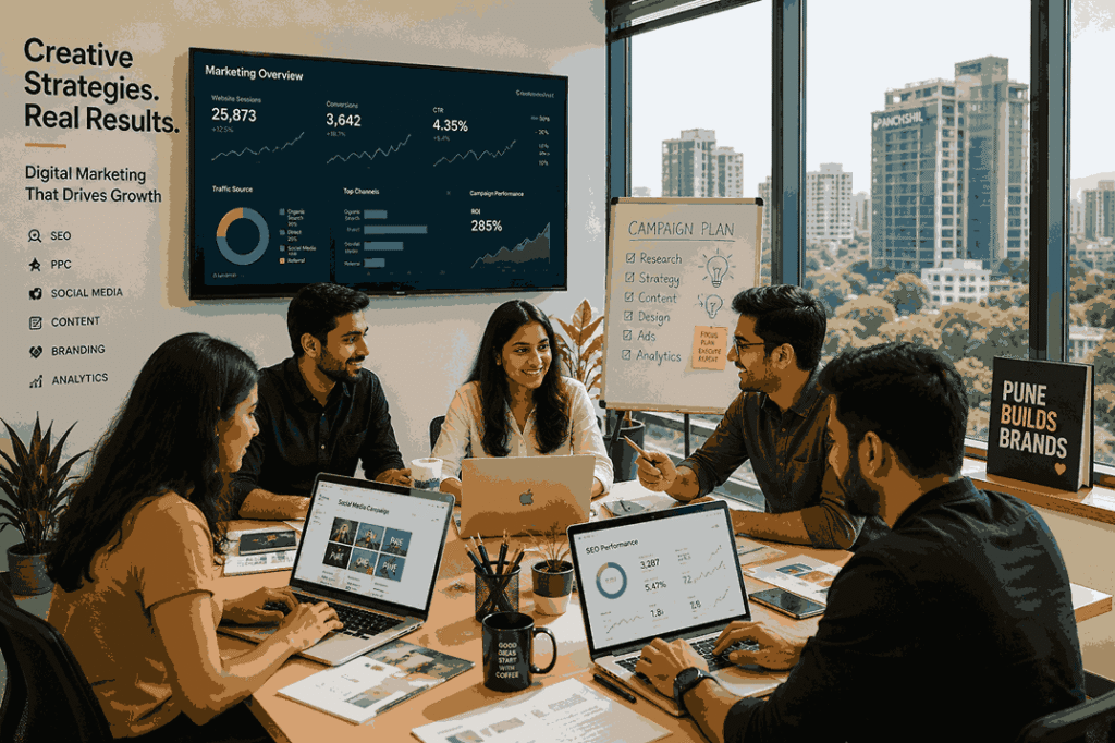 A modern digital marketing team in a Pune office collaborating on laptops, reviewing analytics dashboards and creative marketing campaigns in a bright workspace.