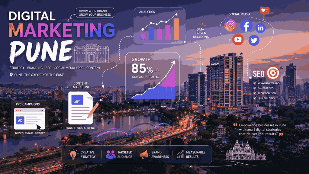  A professional digital marketing agency in pune with digital marketing icons, SEO graphics, social media symbols, analytics charts, and business growth elements in a modern infographic design.
