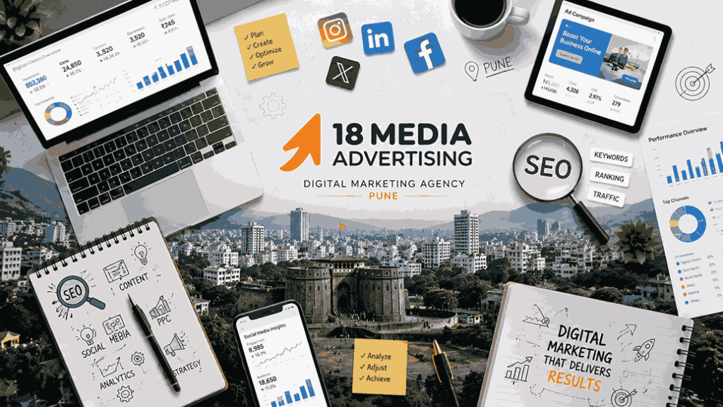 Top-down flat lay illustration of Pune skyline with SEO tools, analytics dashboards, social media icons, laptops, and digital marketing strategy elements by 18 Media Advertising.