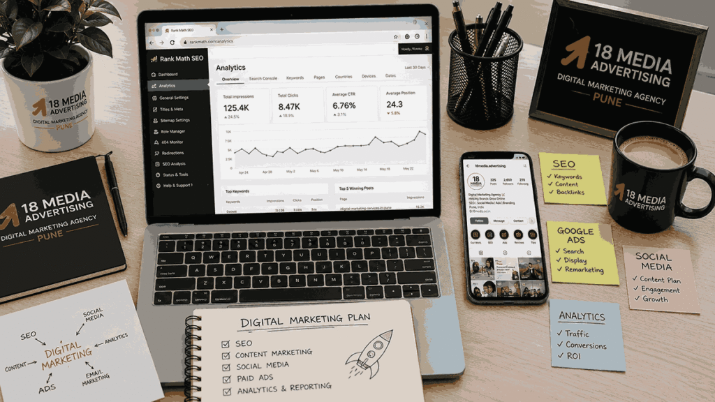 Flat-lay digital marketing workspace with Rank Math SEO analytics dashboard, smartphone social media feed, SEO notes, Google Ads planning, and 18 Media Advertising branding.