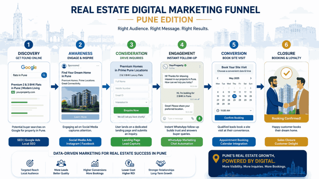 Flat-design illustration of a real estate digital marketing funnel in Pune showing Google search, social media ads, landing page enquiries, WhatsApp follow-ups, site visit bookings, and property sales conversion.