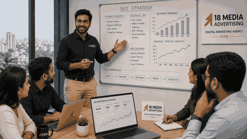 Indian SEO consultant presenting keyword ranking and organic traffic growth strategy to a business team in a Pune office meeting room.