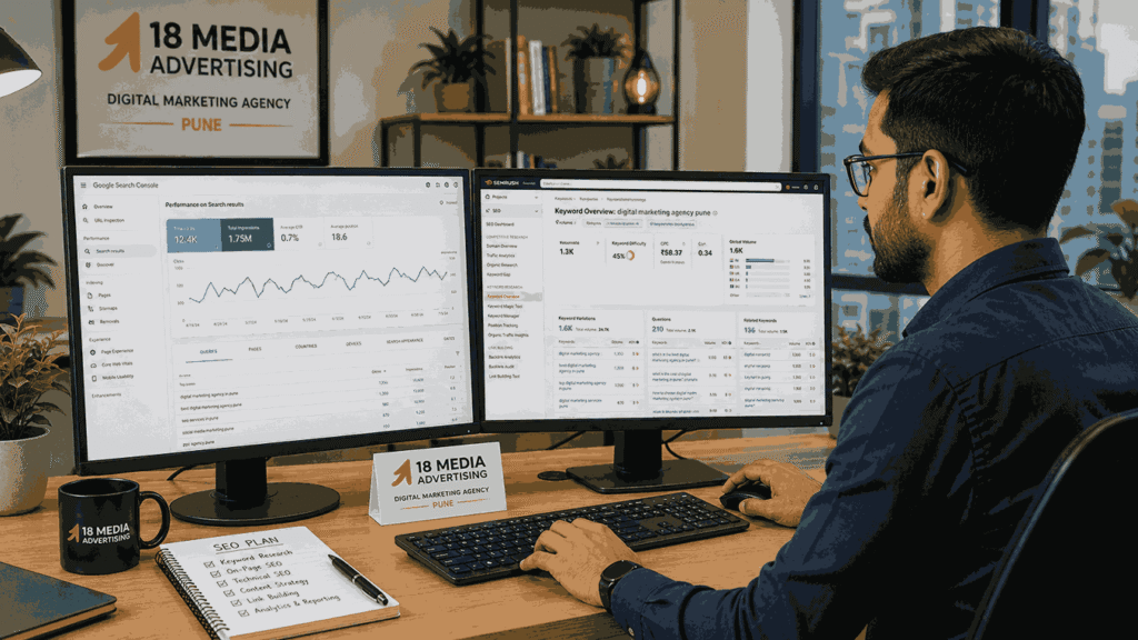 SEO expert in Pune analysing Google search rankings, keyword research tools, and website analytics on dual monitors in a modern office.