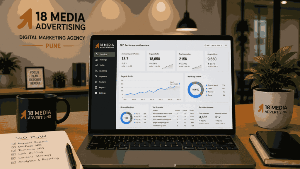 Modern SEO reporting dashboard on laptop showing rising keyword rankings, organic traffic growth, and backlink metrics in a professional Indian office.