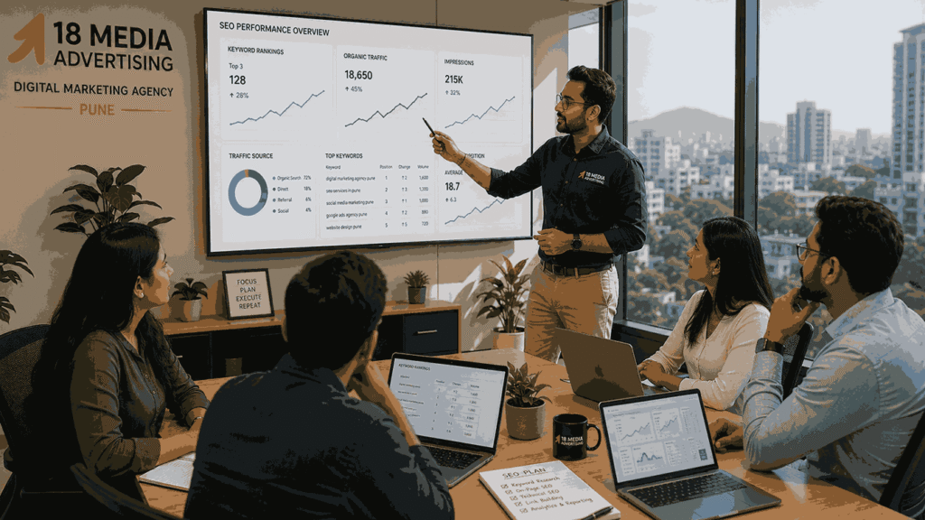 Professional SEO team in Pune reviewing keyword rankings and organic traffic growth reports on large monitor screens in a modern office.