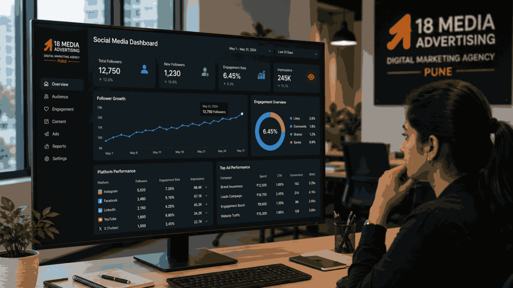 Modern social media analytics dashboard displaying follower growth, engagement metrics, and ad performance data in a Pune digital marketing agency office.