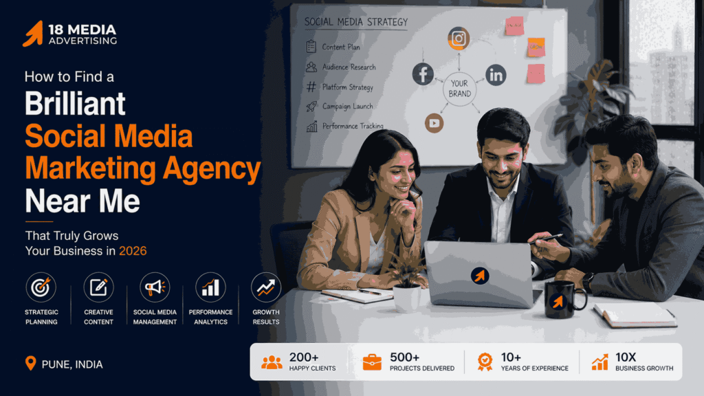 Social media marketing agency near me team discussing digital campaign strategy and business growth planning in a modern office environment.