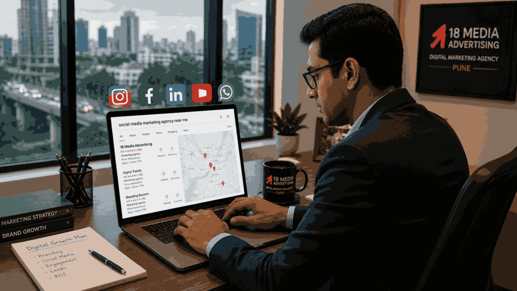 Business owner searching for a social media marketing agency near me on a laptop with local map listings and social media icons visible in a modern Pune office.