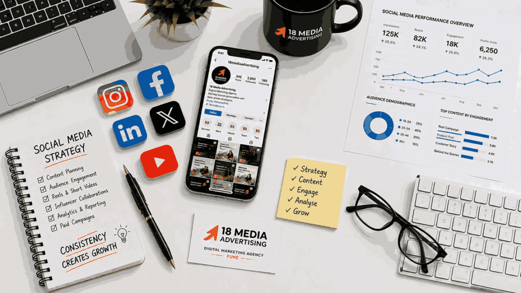 Flat lay social media marketing workspace with smartphone, analytics charts, social media icons, strategy notes, and branding elements from 18 Media Advertising.