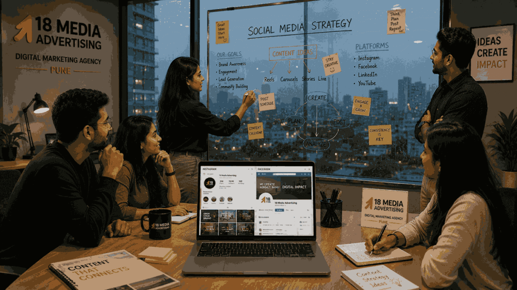 Social media marketing team in Pune brainstorming content ideas on a glass whiteboard with Instagram and Facebook mockups in a modern office.