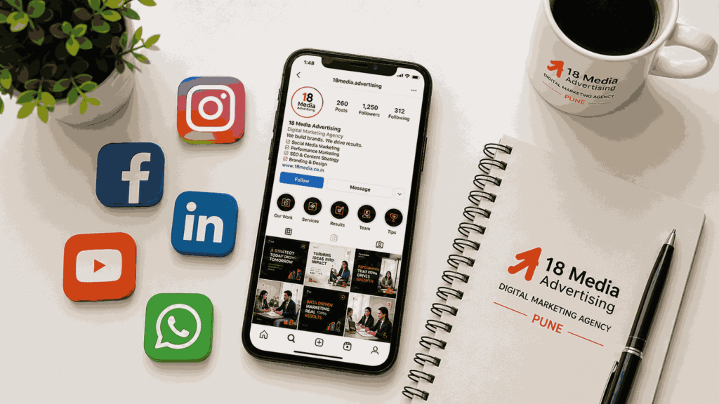 Flat-lay social media marketing setup with Instagram, Facebook, LinkedIn, YouTube, and WhatsApp icons surrounding a smartphone displaying a branded social media feed.