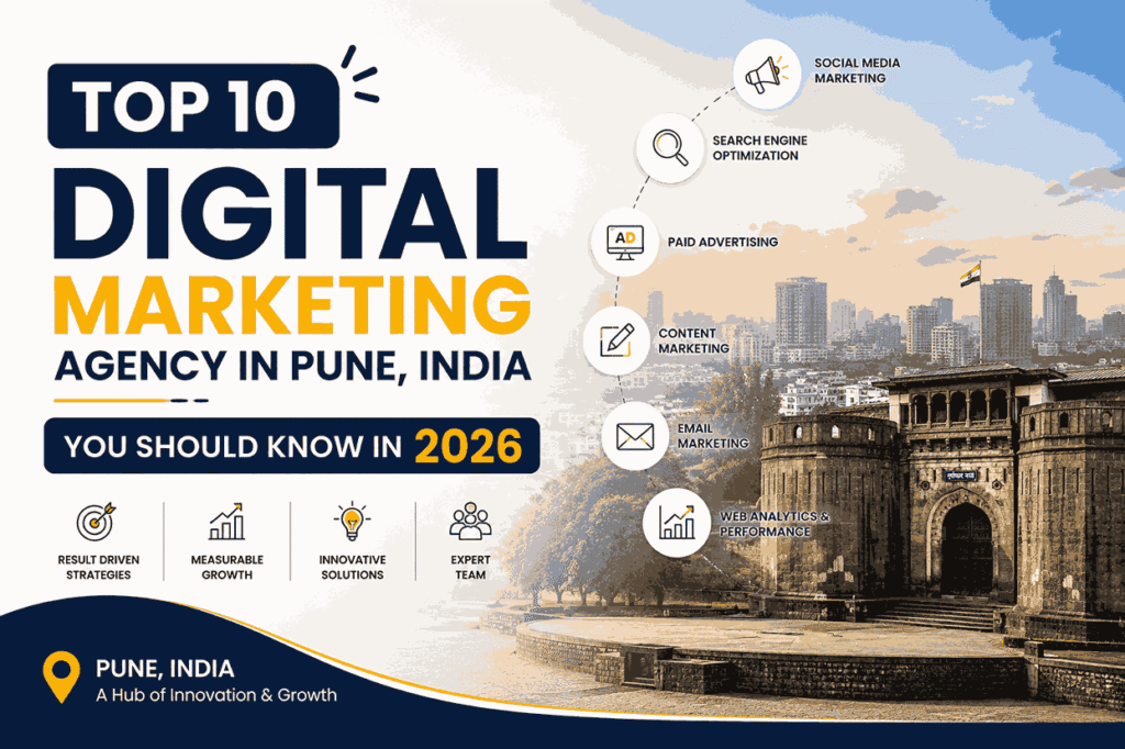Flat-lay digital marketing infographic featuring an India map connected with glowing city networks and icons for SEO, PPC, social media, email marketing, and analytics.