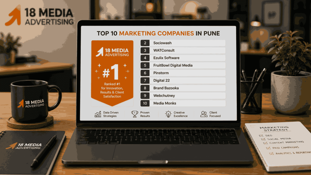 Top 10 marketing companies in pune displayed on a modern laptop screen with a professional agency ranking infographic highlighting the number one marketing company.