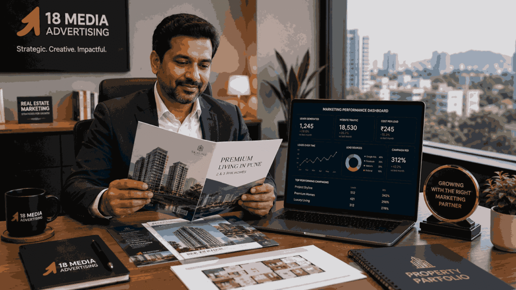 Top 10 marketing companies in pune represented by a confident real estate business owner reviewing property brochures and digital marketing analytics on a laptop in a modern office.