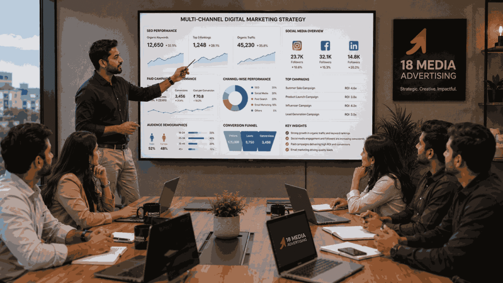 Top 10 marketing companies in pune represented by a professional agency team reviewing SEO rankings, social media analytics, and campaign performance dashboards in a modern conference room.