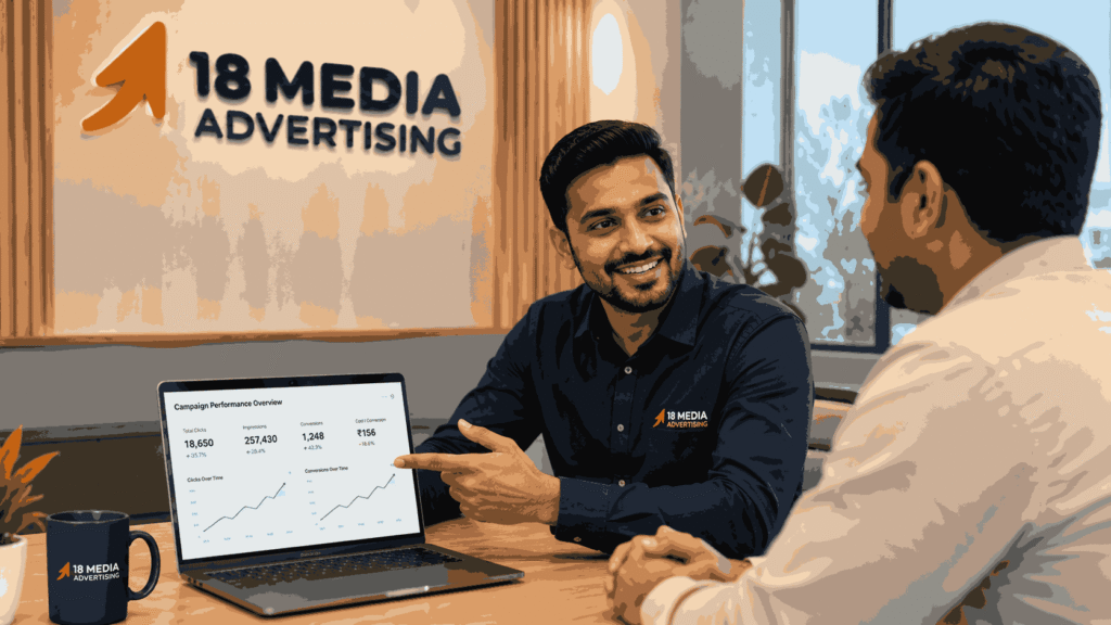 Top 5 digital marketing agency in Pune consultant from 18 Media Advertising presenting campaign growth results to a small business owner in a modern office