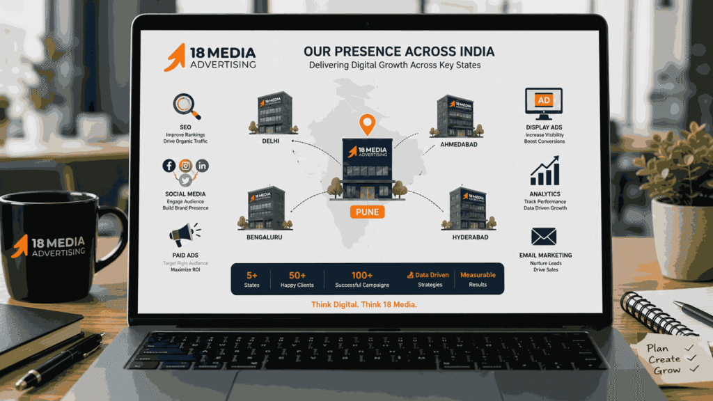 Top 5 digital marketing agency in Pune infographic displayed on a laptop screen showing 18 Media Advertising presence across India with SEO, social media, ads, and analytics icons.