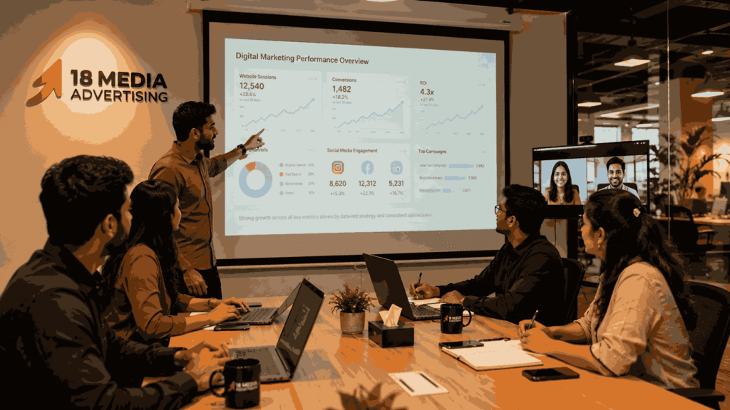 Digital marketing team at 18 Media Advertising presenting analytics dashboards and campaign metrics to an online client in a modern Pune office
