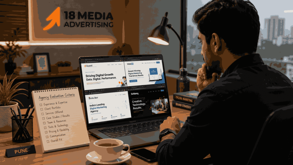 Business professional researching top digital marketing companies in Pune on a laptop in a modern office with 18 Media Advertising branding.