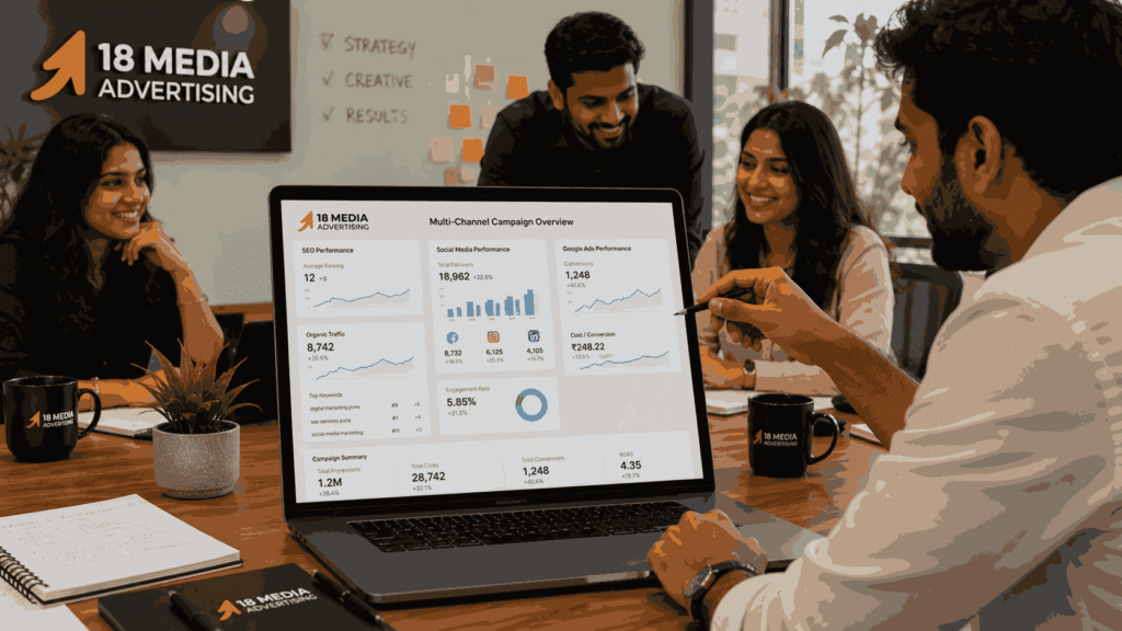 Top digital marketing company Pune team reviewing SEO rankings, social media metrics, and Google Ads campaign dashboards on a laptop in a collaborative office environment.