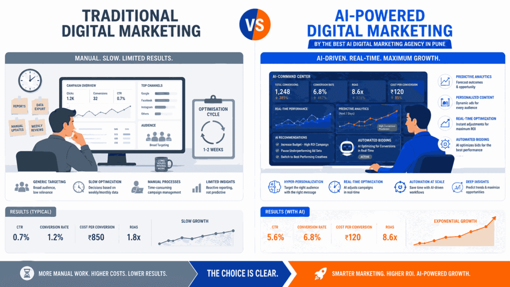 Split-screen comparison of traditional digital marketing versus AI-powered digital marketing in Pune showing automated analytics, predictive targeting, and improved campaign performance.