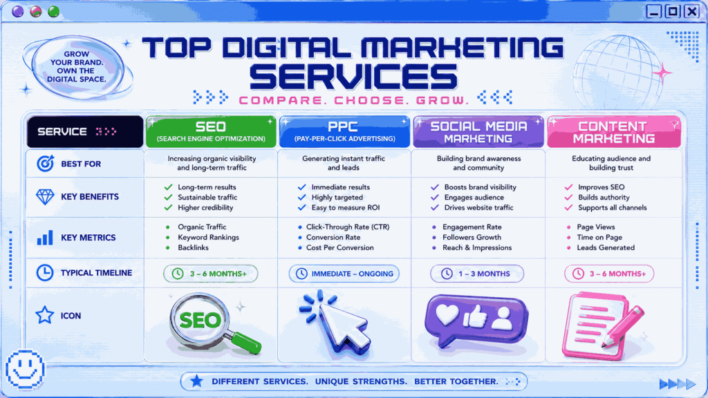 Y2K style infographic comparing digital marketing services including SEO, PPC, Social Media Marketing, and Content Marketing in a modern 16:9 grid layout with colorful icons.