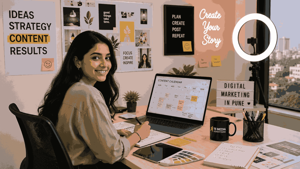 Content Creation Internship in Pune candidate working on a content calendar in a modern creative office with mood boards, laptop, and content creation setup.