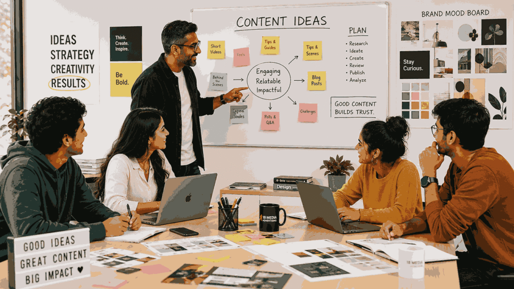 Content Creation Internship in Pune interns collaborating with a creative director during a content strategy brainstorming session in a modern advertising agency.