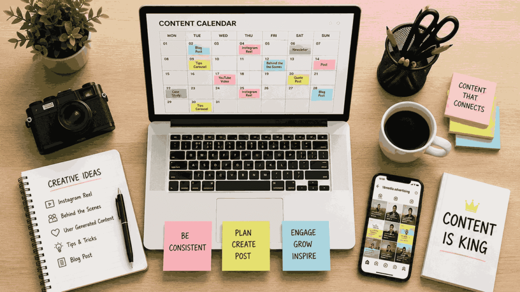 Content Creation Internship in Pune flat-lay workspace featuring a content calendar, creative planning notebook, Instagram feed on a smartphone, sticky notes, and coffee cup.