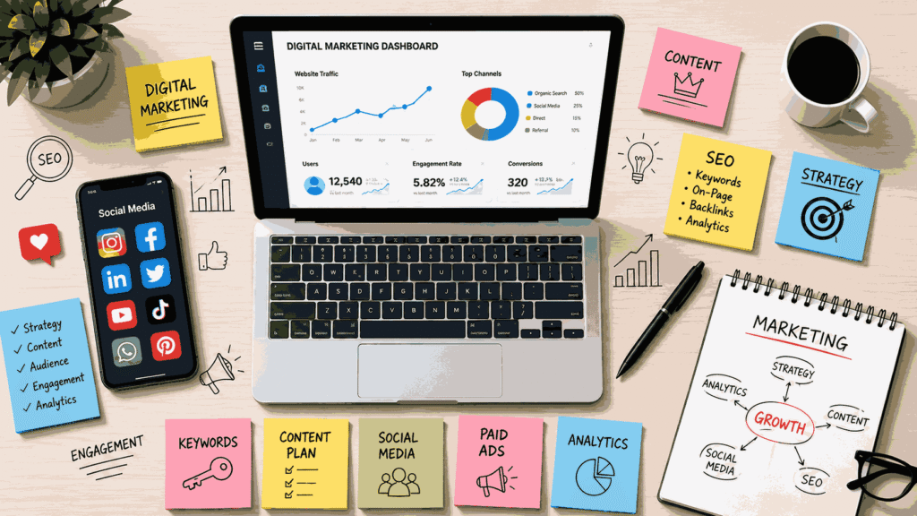 Digital Marketing Internship in Pune illustration featuring a laptop with analytics dashboards, social media apps on a smartphone, SEO keyword notes, and digital marketing planning tools.