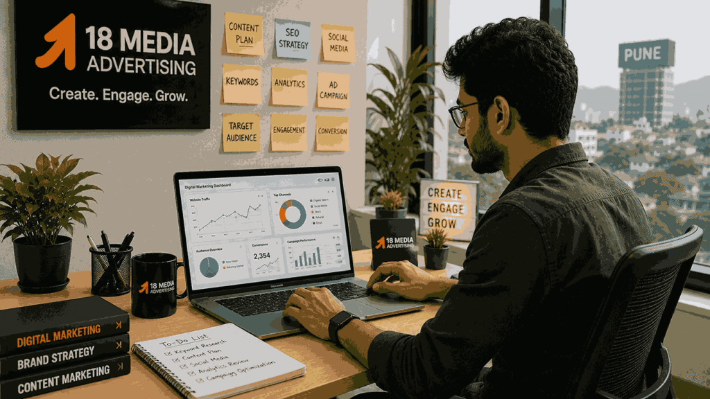 Digital Marketing Internship in Pune candidate working on a laptop with marketing analytics dashboards, campaign reports, and SEO planning notes in a modern office.
