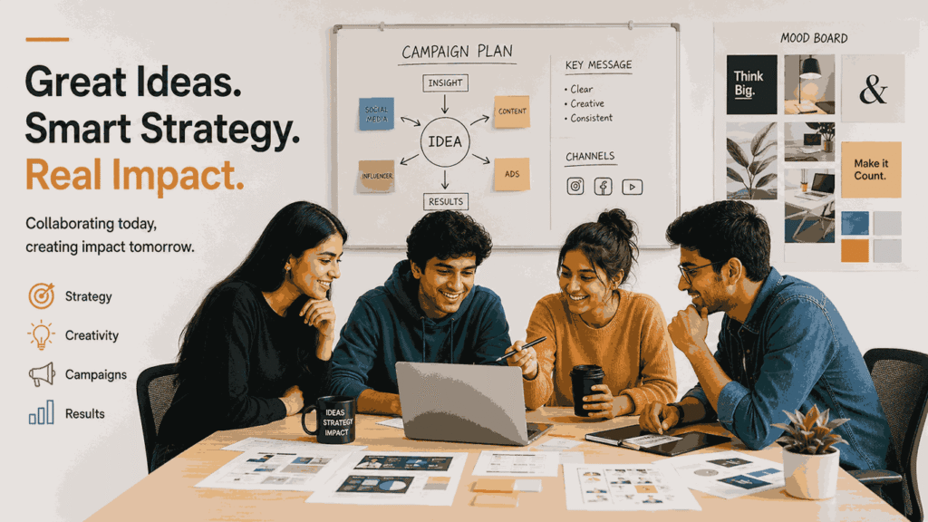 Digital Marketing Internship in Pune infographic showing a diverse team of interns collaborating on marketing projects with laptops, campaign plans, and creative strategy boards.