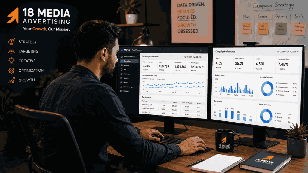 Facebook ads agency specialist analysing Meta Ads Manager dashboards with ROAS, cost per lead, audience reach, conversion tracking, and campaign performance metrics.