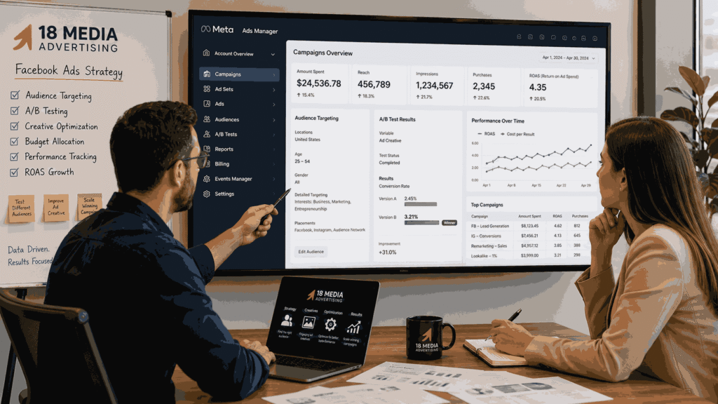 Facebook ads agency consultant reviewing successful Meta advertising campaign results with a business owner, showing lower cost per lead, higher ROAS, and improved conversions.
