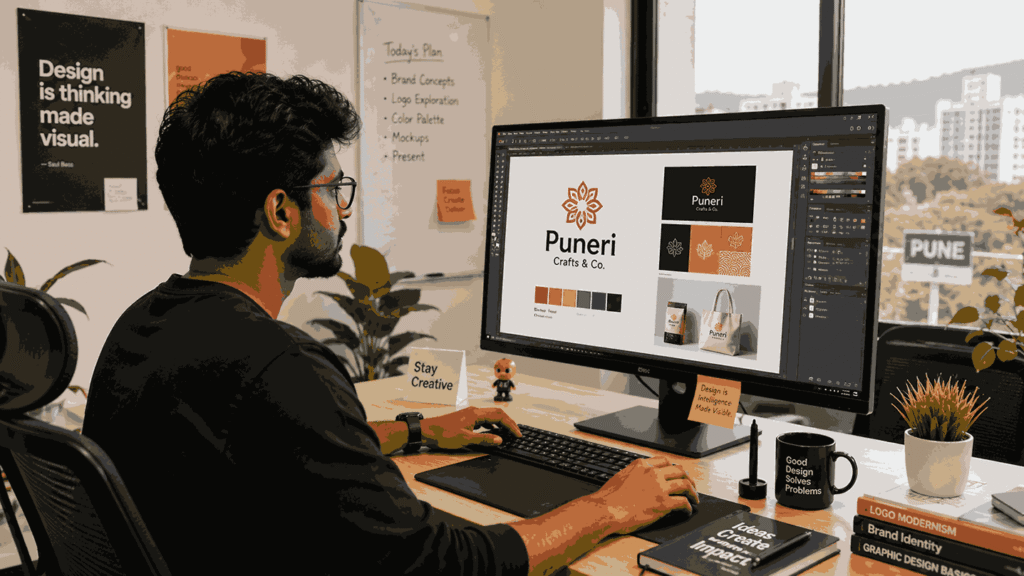 Graphic Designer Internship In Pune – young Indian graphic designer working on a colourful brand identity project at a modern office workstation in Pune.