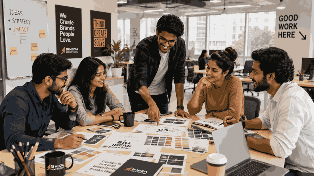 Graphic Designer Internship In Pune featuring a diverse team of young creative professionals collaborating on branding, design mockups, and visual identity projects in a modern office.