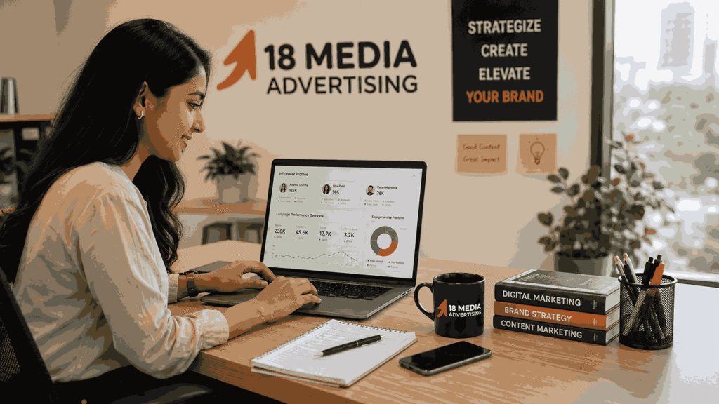 Influencer Marketing Internship in Pune candidate reviewing influencer profiles, campaign analytics, and social media dashboards on a laptop in a modern marketing agency.