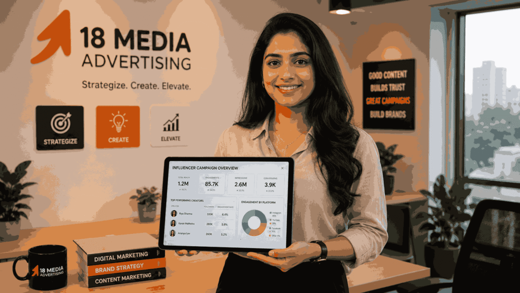 Influencer Marketing Internship in Pune candidate presenting an influencer campaign dashboard with engagement metrics and creator profiles in a modern marketing agency.