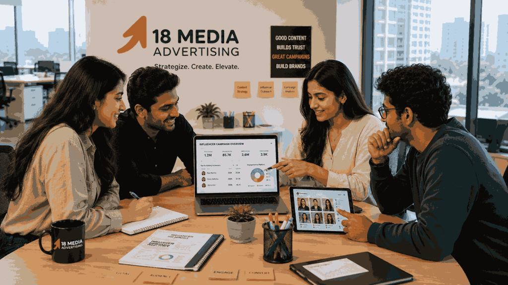 Influencer Marketing Internship in Pune interns collaborating on influencer campaign analytics, creator research, and social media strategy in a modern marketing agency.
