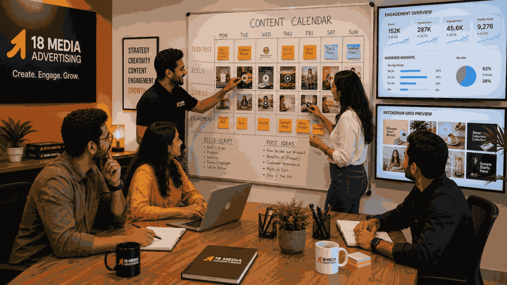 Social media marketing agency team planning Instagram content calendars, Reels strategies, engagement campaigns, and social media analytics in a collaborative creative workspace.