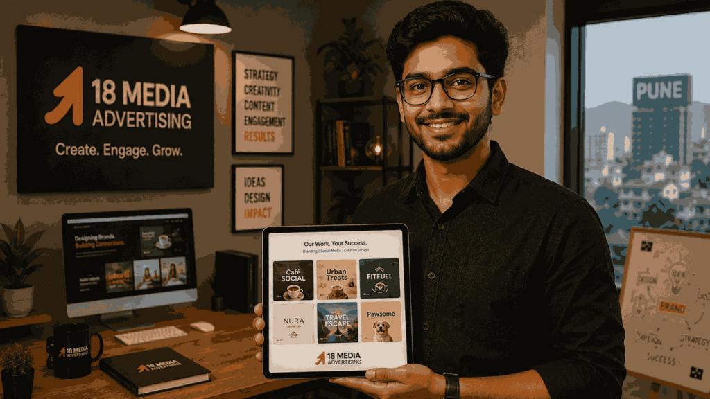 Social media marketing agency creative professional showcasing a digital brand portfolio on a tablet in a modern Pune studio with 18 Media Advertising branding.
