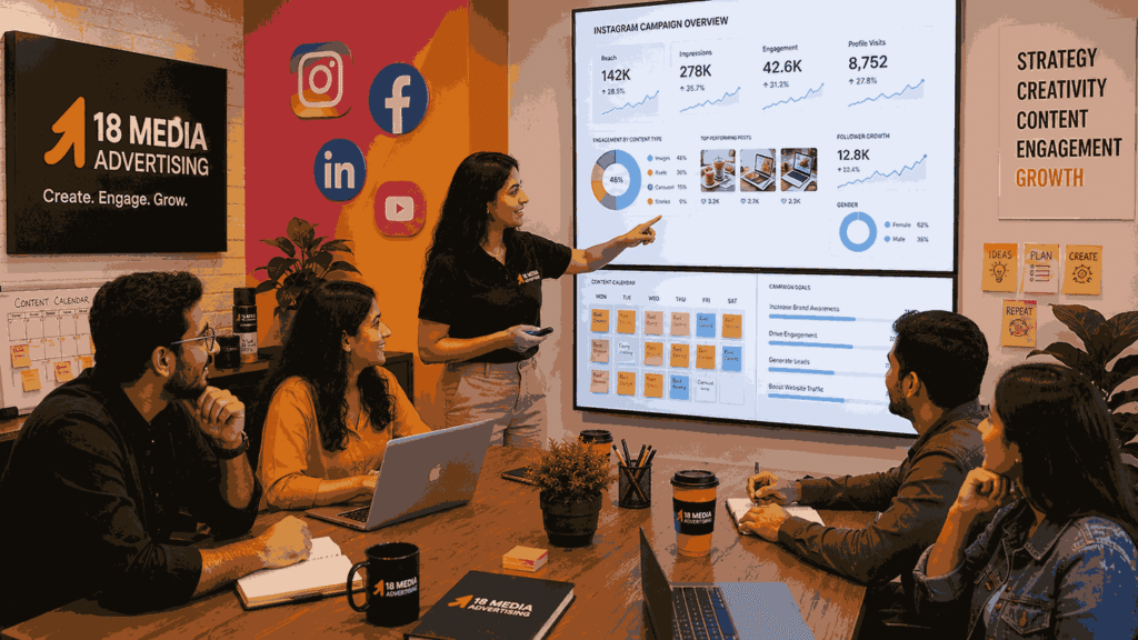 Social media marketing agency team reviewing Instagram campaign analytics, content calendars, engagement metrics, and social media performance dashboards in a modern creative office.