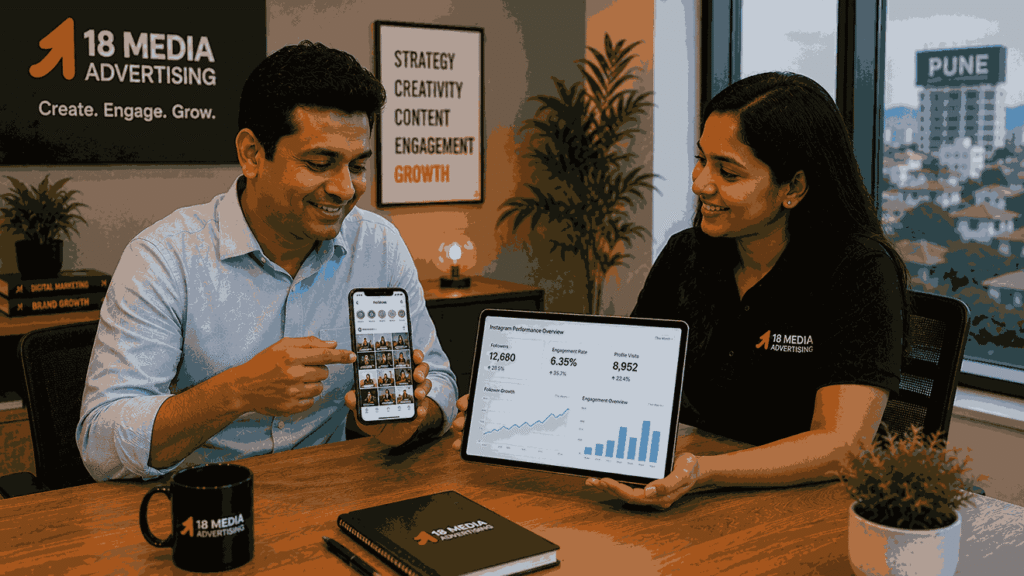 Social media marketing agency consultant showing Instagram engagement and follower growth analytics to a Pune business owner reviewing a professionally managed Instagram feed.