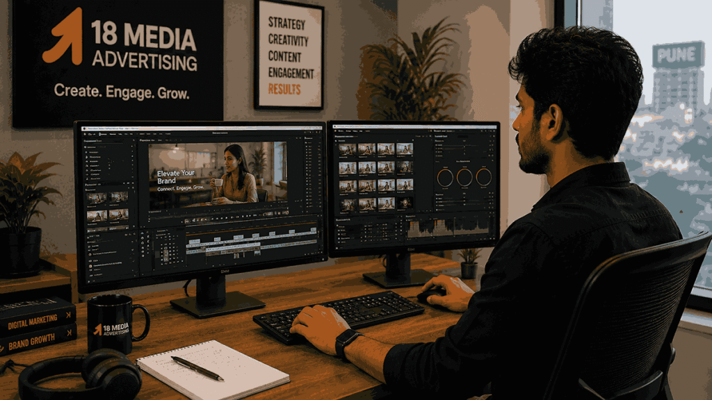 Video Editor Internship in Pune candidate working on professional video editing projects at a dual-monitor workstation in a modern creative agency.